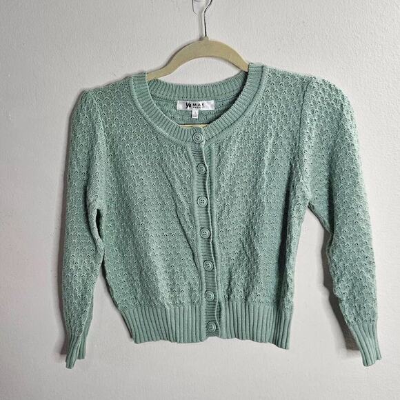 Ye Mak Mint Green Classic Casual Button Front Crew Neck Knit Crop Sweater Small - Picture 4 of 9